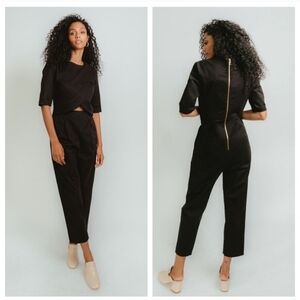 Madri Collection Mama Breastfeeding Friendly Crossover Jumpsuit Black Seersucker